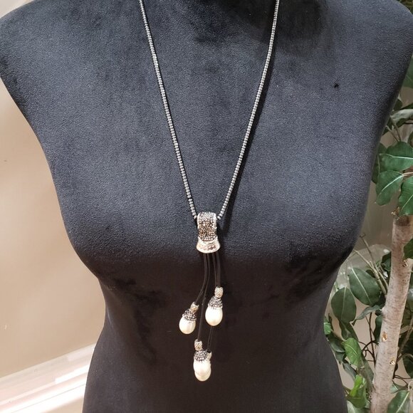 Womens Fashion Silver Bead Negligee Pendant Drop Pearl Necklace w/ Lobster Clasp - Picture 1 of 6
